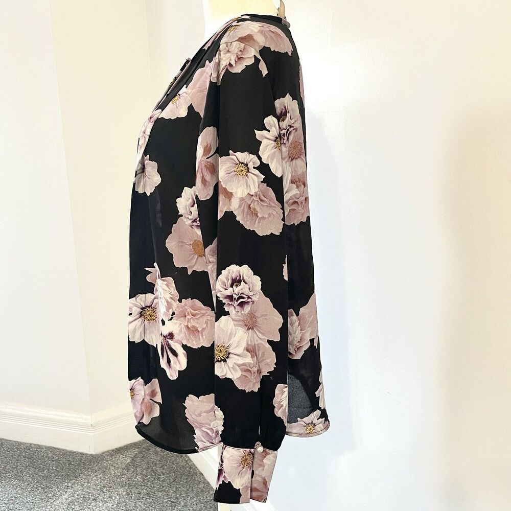 Karl Lagerfeld Top Womens Medium Black Floral Lightweight Long Sleeve Blouse - Picture 3 of 11